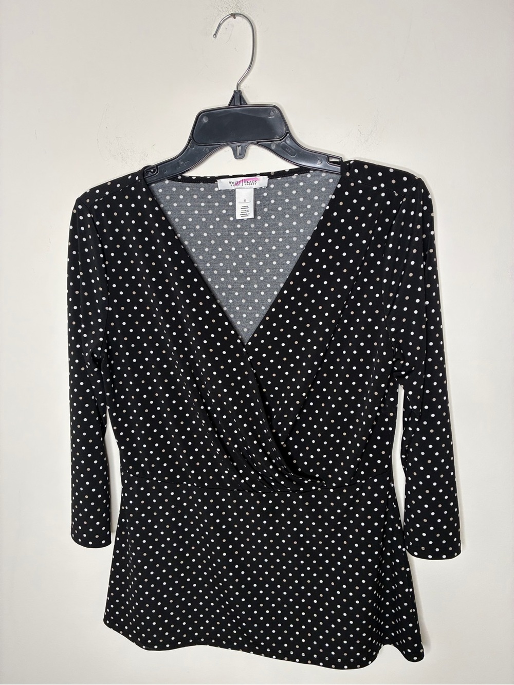 White House Black Market Black & White Polka Dot Long Sleeve Wrap Top
